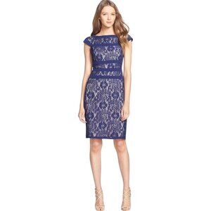 Adrianna Papell NWT $188 Navy Lace Sheath Dress, Cap Sleeves Women's Size 6P